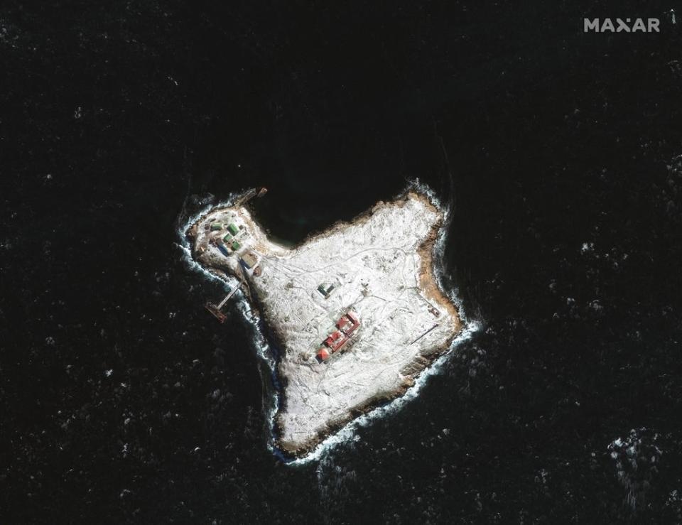 A satellite image shows Snake Island before the invasion (Maxar Technologies)