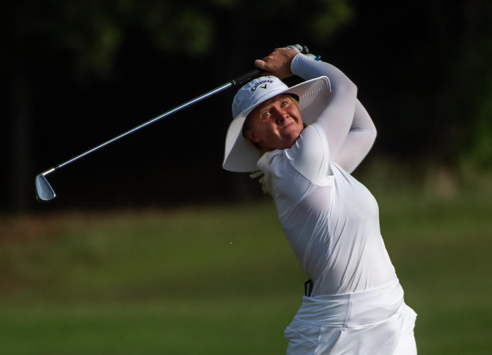 Ingrid Lindblad of Sweden strikes the ball on the eighth fairway during the 2023 World Amateur Team Championships – Espirito Santo Trophy at Abu Dhabi Golf Club on October 25, 2023 in Abu Dhabi, United Arab Emirates. (Photo by Martin Dokoupil/Getty Images)