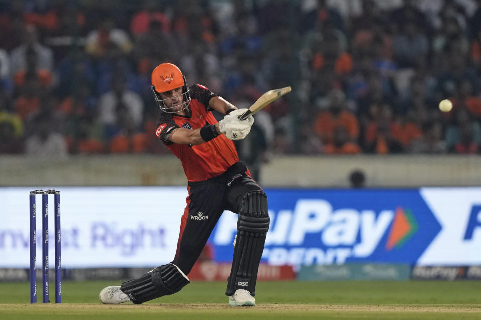 Sunrisers Hyderabad's Marco Jansen plays a shot during the Indian Premier League cricket match between Sunrisers Hyderabad and Mumbai Indians in Hyderabad, India, Tuesday, April 18, 2023. (AP Photo/Mahesh Kumar A.)