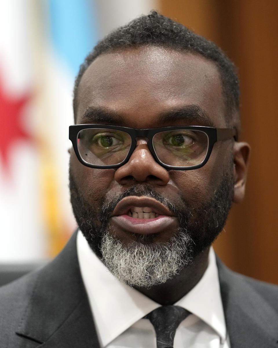 Chicago Mayor Brandon Johnson responds to a question in his City Hall office during an interview with The Associated Press Monday, May 6, 2024, in Chicago. The rookie mayor's bumpy first year has been a test of his progressive credentials. He's navigated an evolving migrant crisis, budget gaps, persistent crime and a troubled transit system to name a few. While there have been wins for workers and social services, he's struggled with businesses, police and fellow Democrats. (AP Photo/Charles Rex Arbogast)