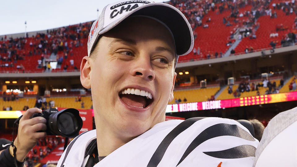 Cincinnati Bengals quarterback Joe Burrow lead an incredible NFL comeback to lead his team into the Superbowl. (Photo by David Eulitt/Getty Images)