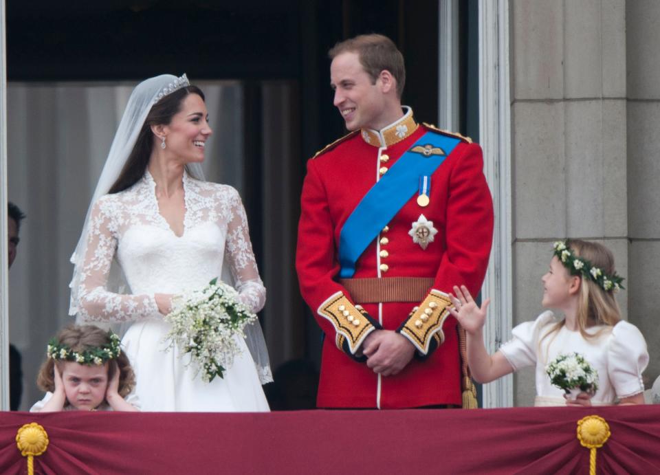 LONDON, UNITED KINGDOM - JANUARY 13:  TRH Catherine, Duchess of Cambridge and Prince William, Duke of Cambridge on the balcony at Buckingham Palace with Bridesmaids Margarita Armstrong-Jones (Right) And Grace Van Cutsem (Left), following their wedding at Westminster Abbey on April 29, 2011 in London, England.     (Photo by Mark Cuthbert/UK Press via Getty Images)