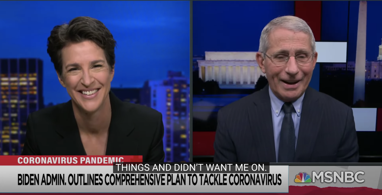 Dr. Anthony Fauci told MSNBC host Rachel Maddow that he was restricted from appearing on her television show during the Trump administration. (Screenshot: YouTube/MSNBC)