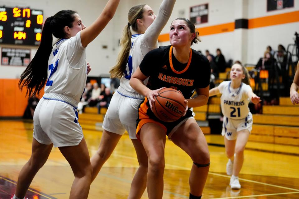 Samantha Russo, of Hasbrouck Heights, looks past the Wallington defense and towards the hoop, Tuesday, January 23, 2024.
