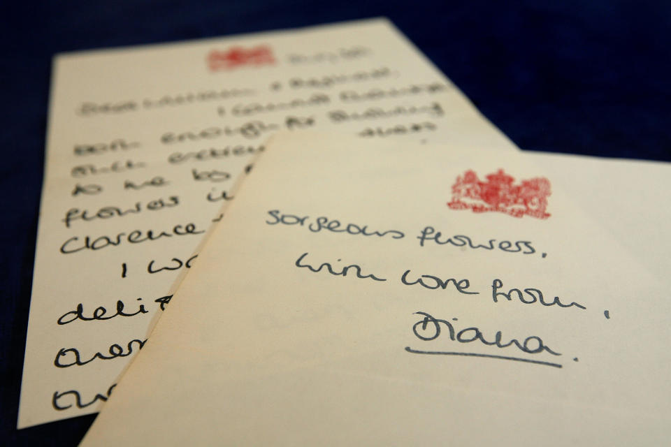 LONDON - JUNE 11: A charming handwritten letter from HRH Diana Princess of Wales to William Tallon dated 30th July 1981 (the day after her wedding to Prince Charles) which is estimated at 1000-1500 GBP, on June 11, 2008 in Colchester, England. The lifetime collection of William Tallon (known affectionately as 'Backstairs Billy'), a longstanding servant of the Royal Family, goes to auction on July 5, 2008 at Reeman Dansie Auctions and includes letters, notes and gifts Tallon received from members of the Royal family over the years.  (Photo by Cate Gillon/Getty Images)