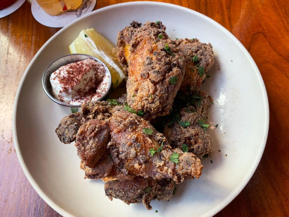 The fried sumac wings at Gemini Pizza were perfectly crispy with a juicy interior.