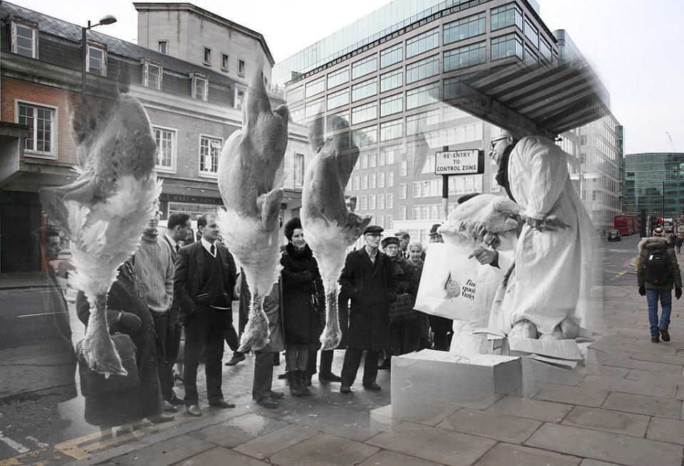 <p>Subasta de pavos en el mercado Smithfield para las Navidades el 21 de diciembre de 1968 (<em>Getty</em>). </p>