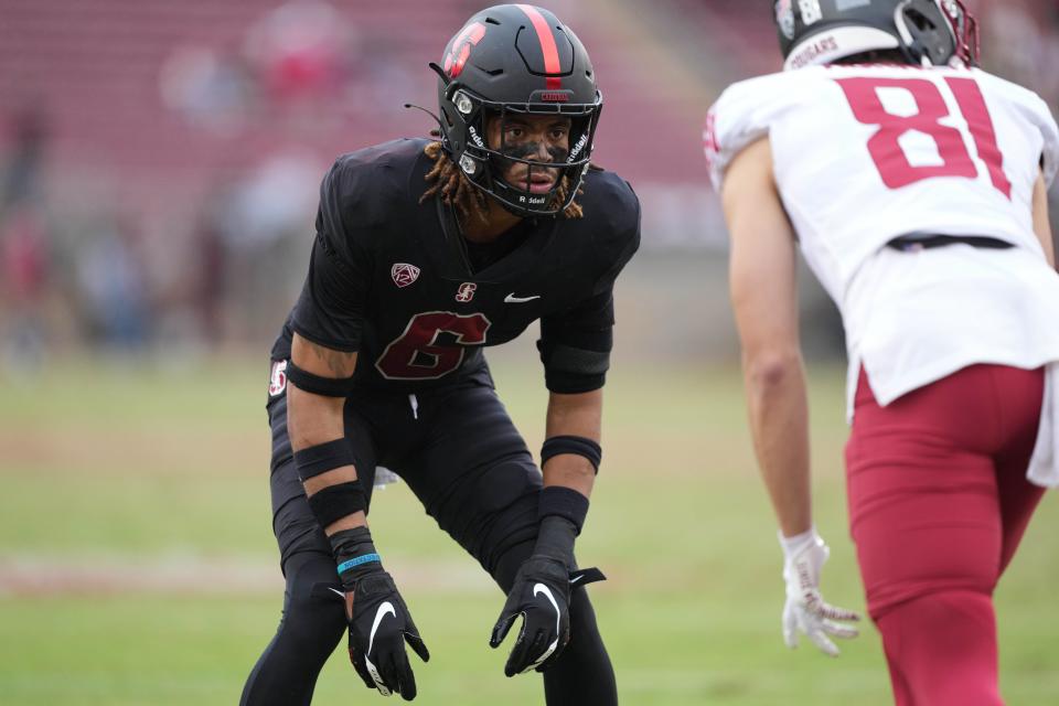 Nov 5, 2022; Stanford, California, USA; Stanford Cardinal cornerback Nicolas Toomer (6) lines up against Washington State Cougars wide receiver Tre Horner (81) during the fourth quarter at Stanford Stadium.