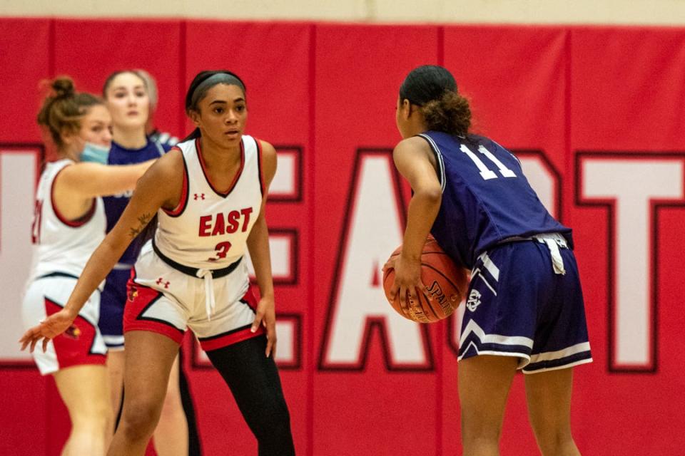 Pocono Mountain East's Anayah Williams (No. 3) defends against East Stroudsburg South's Layla Hernandez (No. 11) in Swiftwater on Tuesday, Jan. 4, 2022. South won, 44-41.