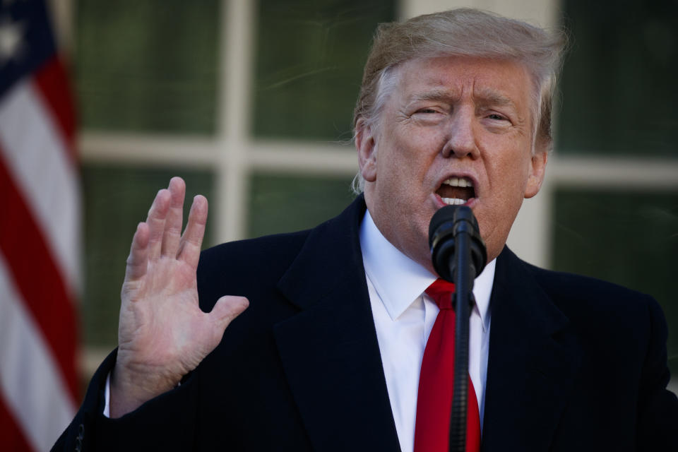 In this Jan. 25, 2019 photo, President Donald Trump speaks in the Rose Garden of the White House in Washington. Trump is dismissing a tell-all book by a former White House aide as “made up stories and fiction.” The book by Cliff Sims, “Team of Vipers,” compares many Trump aides to serpents. Trump is tweeting that Sims “pretended to be an insider when in fact he was nothing more than a gofer.” (AP Photo/ Evan Vucci)