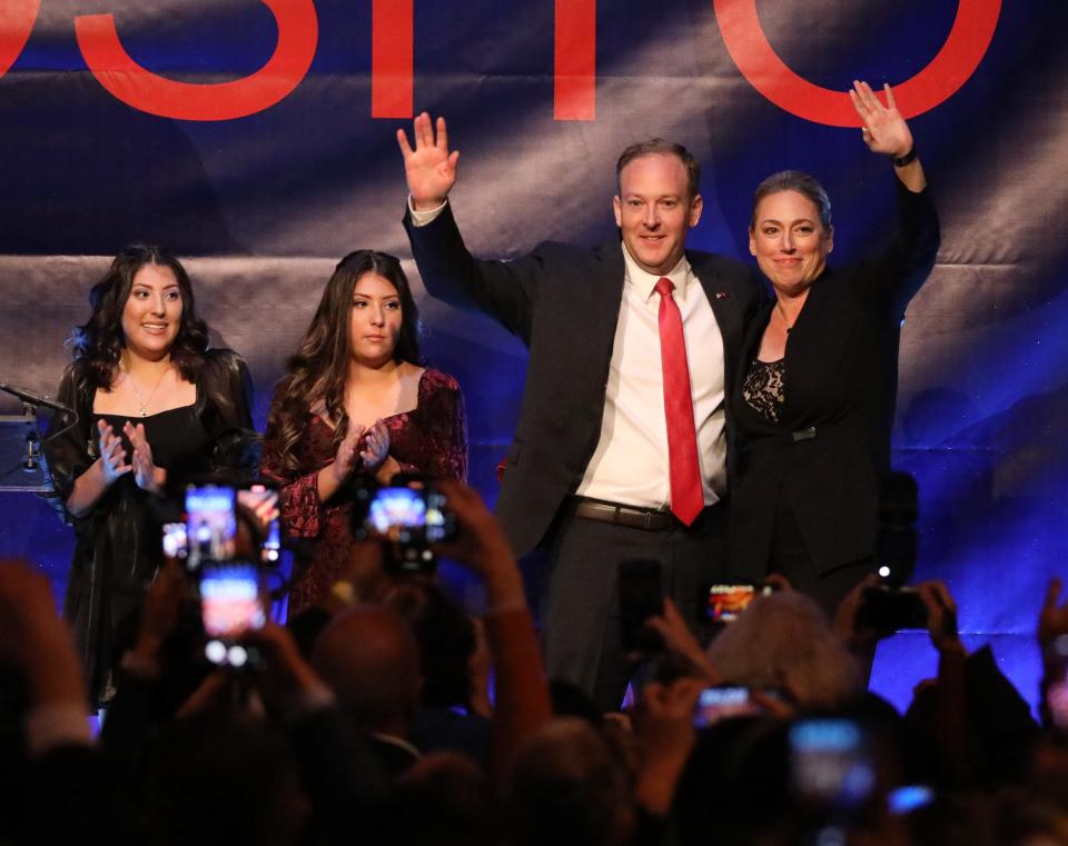 Rep. Lee Zeldin with running mate Alison Esposito greets the crowd at the end of the night, during the election night watch party in his race for New York Governor, at Cipriani on East 42nd Street in New York, Nov. 8, 2022. 