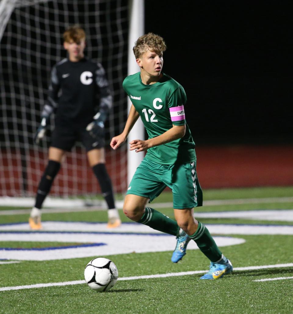 Cornwall's Ronan Murray looks to pass the ball during the Section 9 Class AA championship versus Goshen on October 30, 2023.