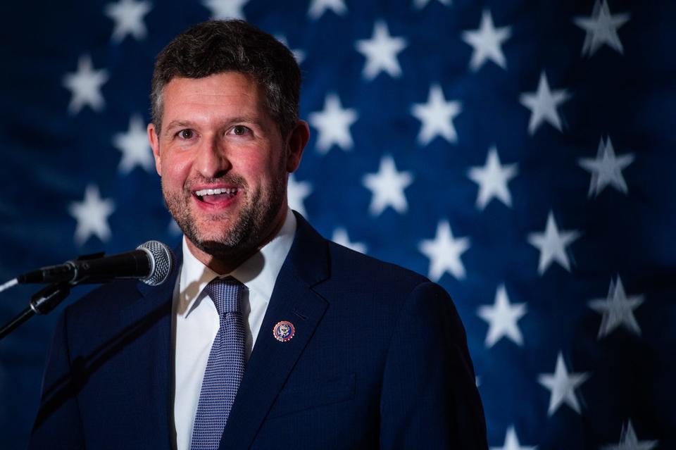 Pat Ryan talks at the election night watch party in Kingston, NY on Tuesday, November 8, 2022.