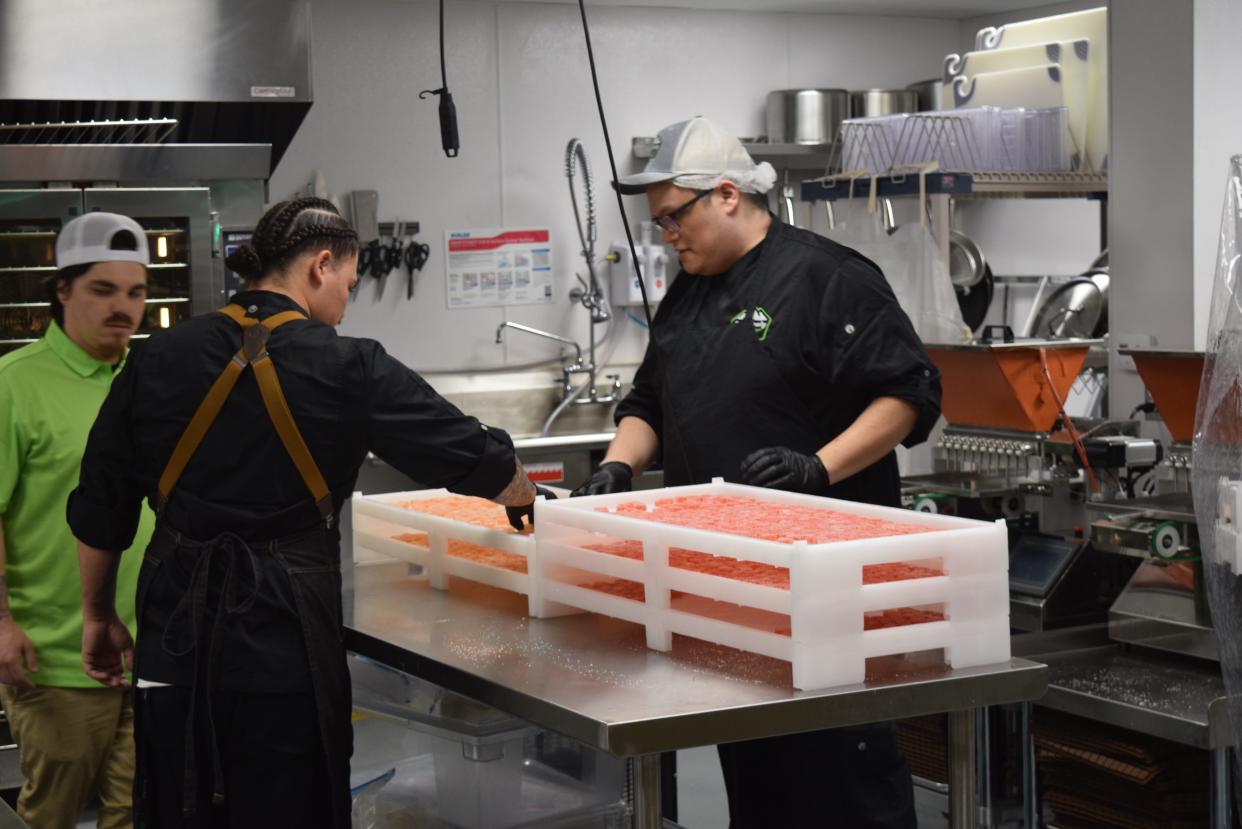 Workers in the edible department at the Eastern Band of Cherokee Indians Great Smoky Cannabis Co. dispensary in Cherokee, North Carolina. April 20, 2024.