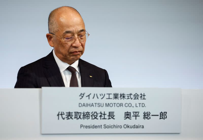 Daihatsu Motor President Soichiro Okudaira attends a news conference in Tokyo