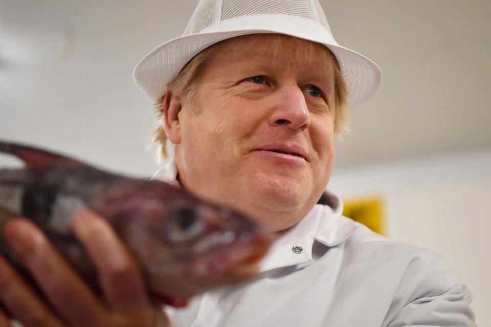 Boris Johnson holding a fish during today's general election campaign visit to Grimsby Fish Market: Getty Images