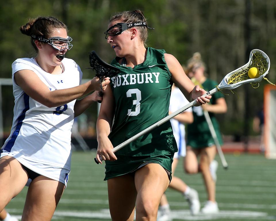 Norwell's Chloe Kirchner gets in the face of Duxbury's Sydney Ecker while marking her during their game at the Norwell Clipper Community Complex on Friday, May 12, 2023.