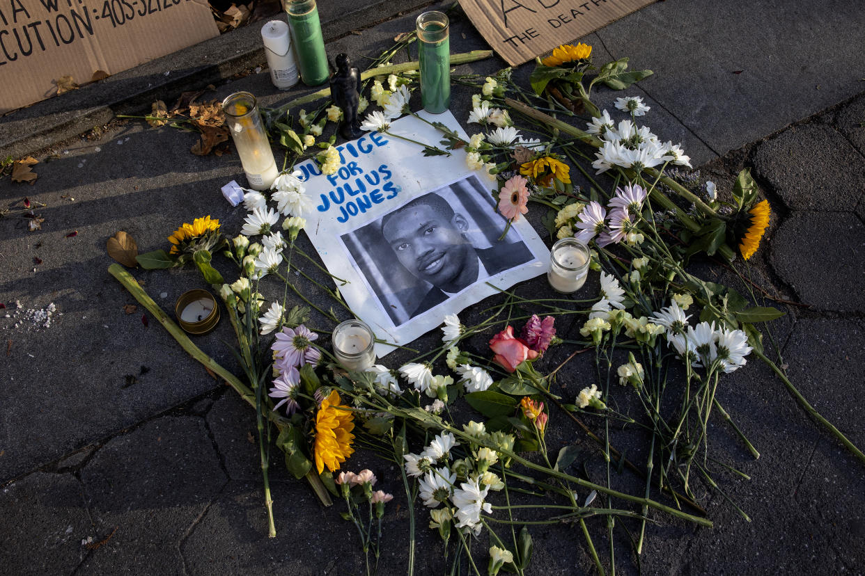 Flowers and candles at a vigil for Oklahoma death row prisoner Julius Jones.