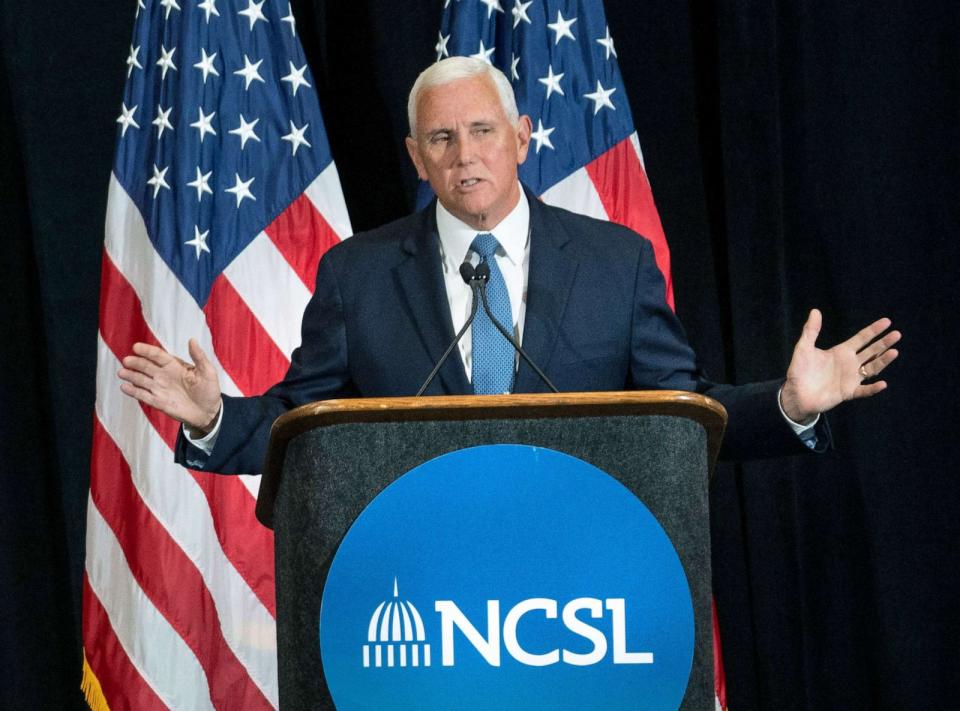 PHOTO: Former Vice President Mike Pence speaks during the NCSL Legislative Summit at the Indiana Convention Center, Aug. 16, 2023, in Indianapolis. (Kelly Wilkinson/IndyStar/USA Today Network)