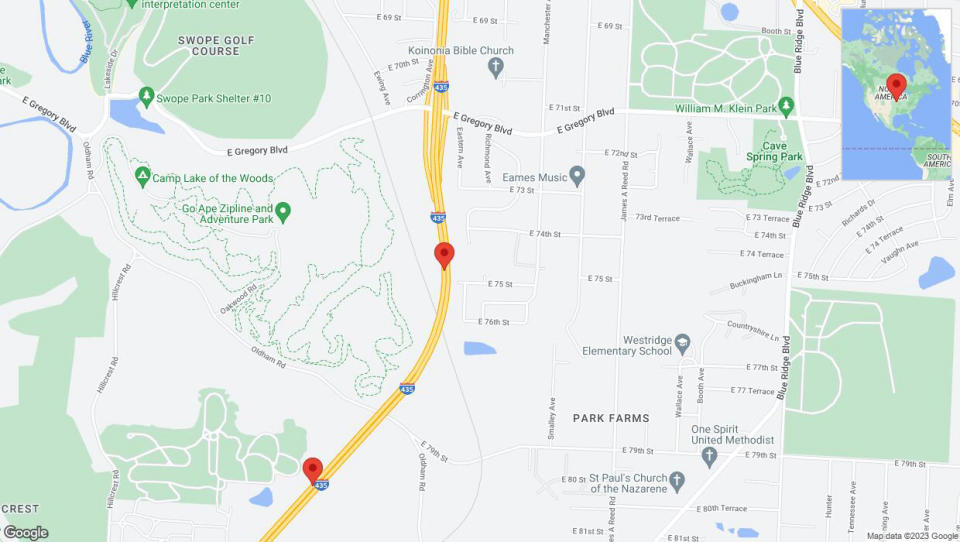 A detailed map that shows the affected road due to 'Warning in Kansas City: Crash reported on southbound I-435' on December 26th at 6:42 p.m.