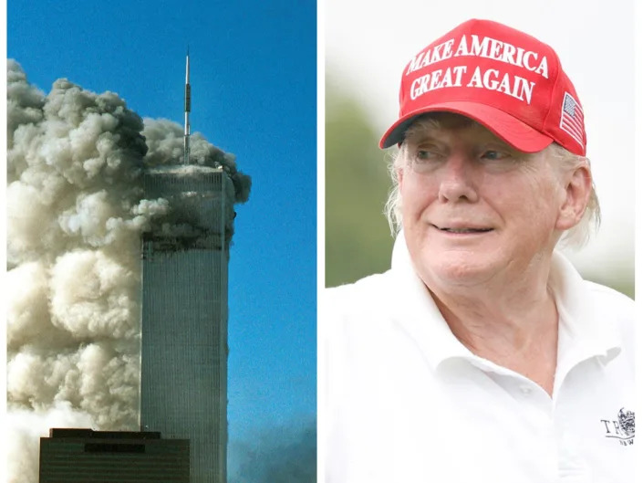 A photo of the World Trade Center on 9/11 next to a photo of Donald Trump.