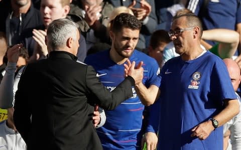 Jose Mourinho and Chelsea's manager Maurizio Sarri, right, shake hands after the 2-2 draw in their English Premier League - Credit: AP