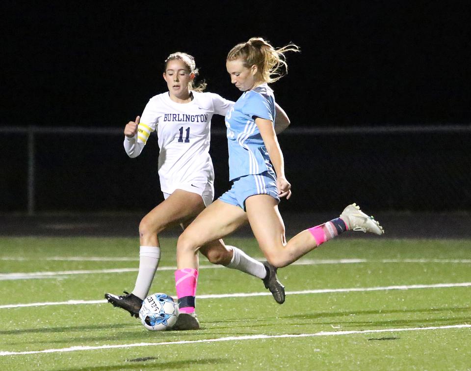 South Burlington's Rachel Kelley fires a shot on goal during the Wolves' 1-0 loss to Burlington in 2022.