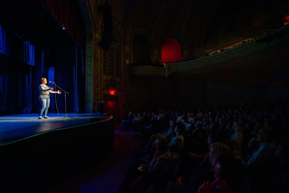 Aymi Paradise-Flores performs at the "Growing Up" themed Storytellers event at Hoyt Sherman Place in Des Moines, Tuesday, April 26, 2022.