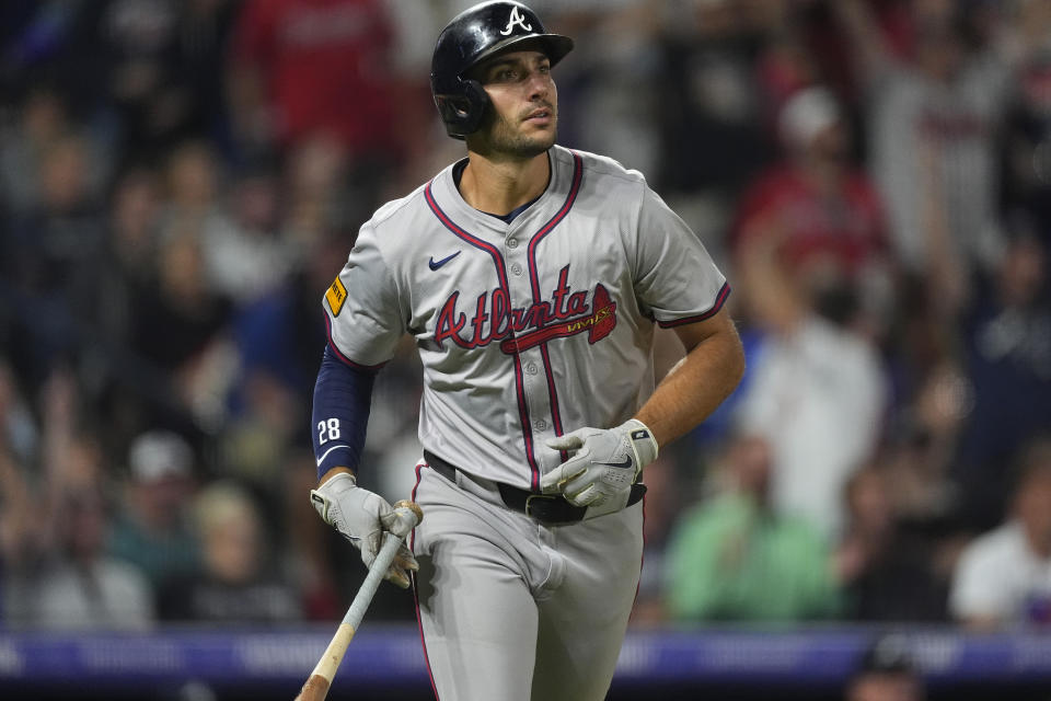 Atlanta Braves' Matt Olson heads up the first base line after hitting a two-run home run off Colorado Rockies relief pitcher Angel Chivilli in the seventh inning of a baseball game Saturday, Aug. 10, 2024, in Denver. (AP Photo/David Zalubowski)