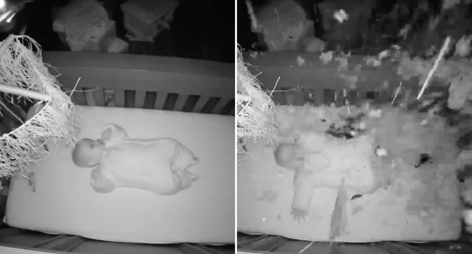 A baby in a cot is woken up as a tree crashes through his bedroom.