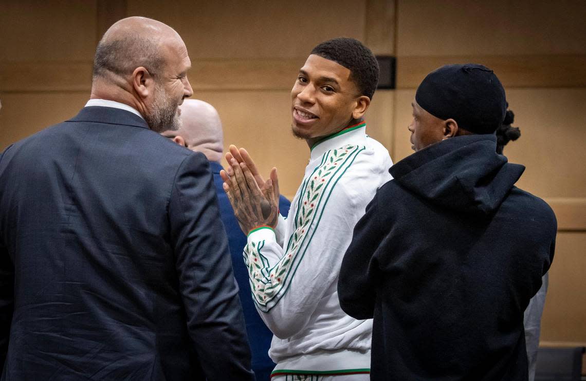 Fort Lauderdale, Florida, December 8, 2023 - Rapper NLE Choppa, whose real name is Bryson Potts, center, along with his attorney, Brad Cohen, left and a co-defendant in the case, right, is set to enter a change of plea in a 2021 Broward drug and gun case before Judge Barbara Duffy in courtroom 6900 at the Broward County Courthouse, 201 SE 6th St. Fort Lauderdale, Florida.
