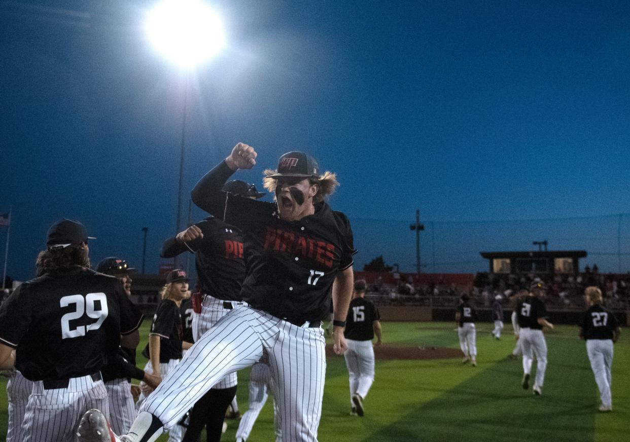 Lubbock-Cooper's Timothy Haynes celebrates the team's win against Abilene Wylie in a District 4-5A baseball game, Friday, April 26, 2024, at First United Park in Woodrow.