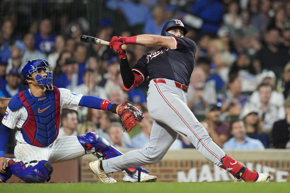 Washington Nationals' Joey Gallo hits a three-run home run during the sixth inning of a baseball game against the Chicago Cubs, Thursday, Sept. 19, 2024, in Chicago. (AP Photo/Erin Hooley)