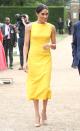 <p>While attending the Commonwealth youth reception in 2018, the duchess selected a bright-yellow hue in an elegant <a href="https://www.popsugar.com/fashion/Meghan-Markle-Yellow-Brandon-Maxwell-Dress-45012872" class="link " rel="nofollow noopener" target="_blank" data-ylk="slk:Brandon Maxwell sheath dress">Brandon Maxwell sheath dress</a>.</p>