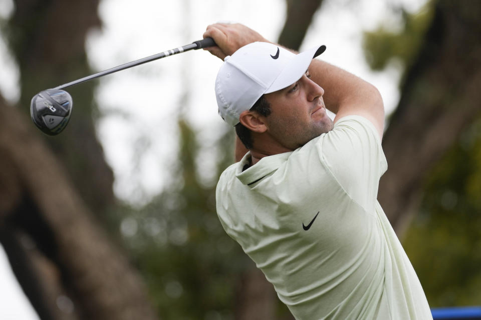 Scottie Scheffler hits from the second tee on the Pete Dye Stadium Course at PGA West during the third round of The American Express golf tournament Saturday, Jan. 20, 2024, in La Quinta, Calif. (AP Photo/Ryan Sun)