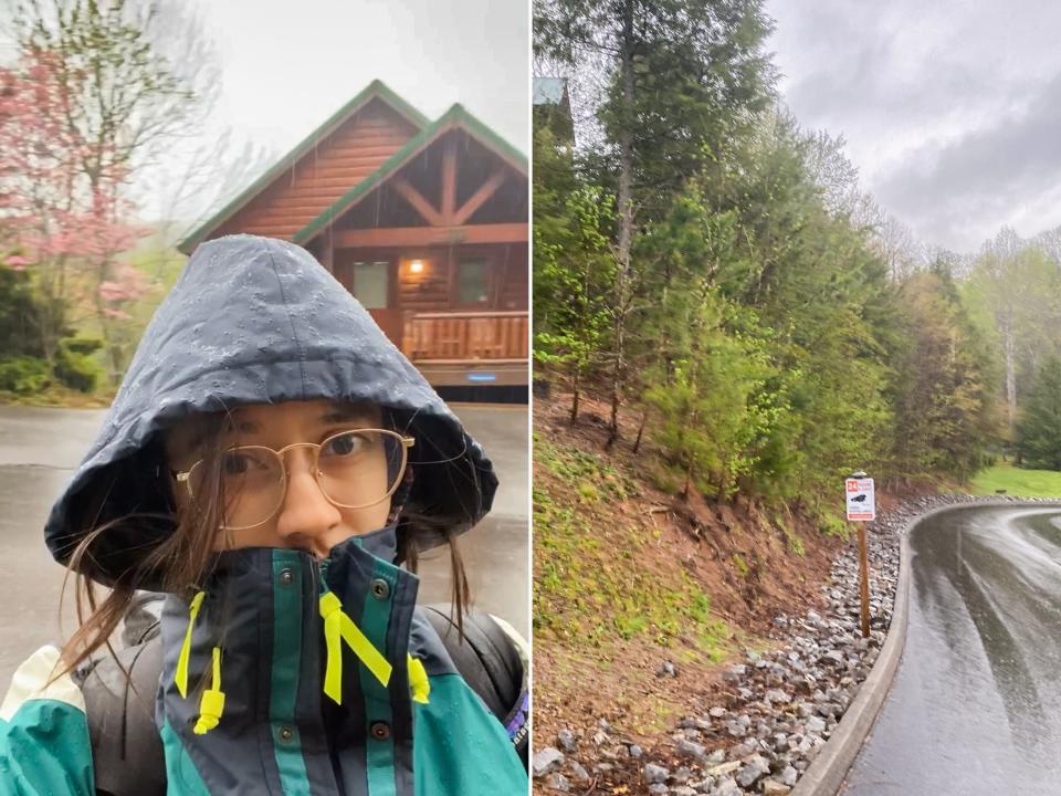 The author leaves her cabin on a rainy morning in Tennessee.