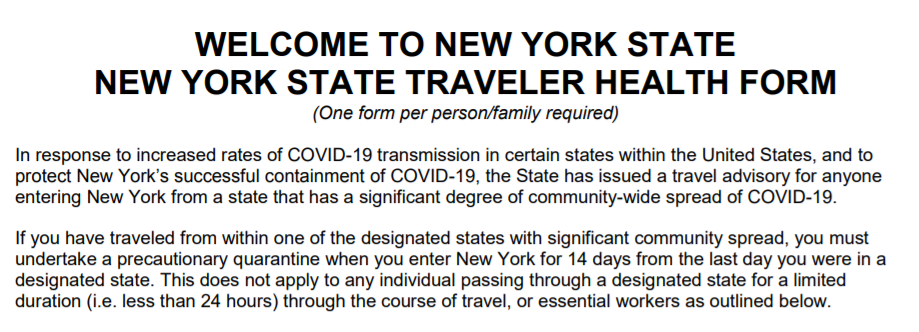 The New York Department of Health asks passengers on flights to fill out this form on where they have been as part of a 14-day quarantine required of people from states with high COVID-19 rates.