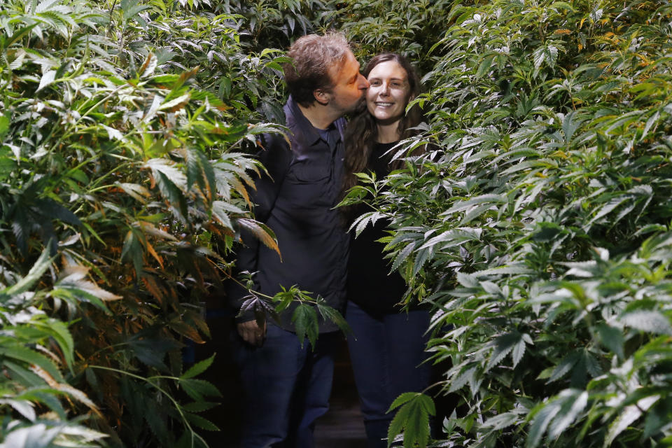 Chip Baker kisses his wife Jessica Baker as they pose for a photo at their marijuana nursery at Baker's Medical, Wednesday, Feb. 26, 2020, in Oklahoma City. When voters in conservative Oklahoma approved medical marijuana in 2018, many thought the rollout would be ploddingly slow and burdened with bureaucracy. Instead, business is booming so much cannabis industry workers and entrepreneurs are moving to Oklahoma from states with more well-established pot cultures, like California, Colorado and Oregon. (AP Photo/Sue Ogrocki)