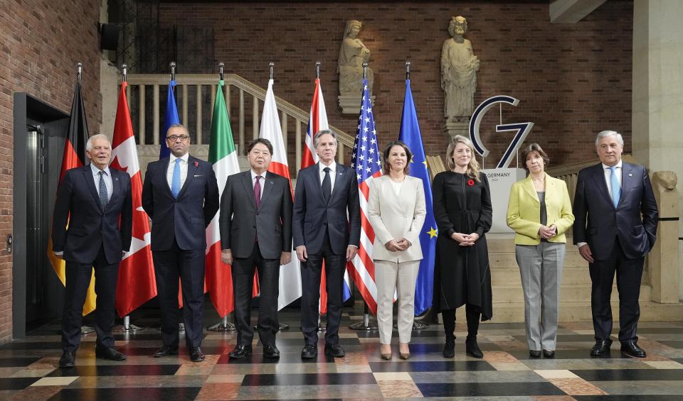 FILE - The Foreign Ministers, from left, Josep Borell of the EU, James Cleverly of Britain, Yoshimasa Hayashi of Japan, Antony Blinken of the U.S., Annalena Baerbock of Germany, Melanie Joly of Canada, Catherine Colonna of France, and Antonio Tajani of Italy, pose for a Family Photo at the G7 Foreign Ministers's Meeting in Muenster, Germany, Oct. 3, 2022. The top diplomats from some of the world's most powerful democracies will have plenty to discuss when they gather in the hot spring resort town of Karuizawa on Sunday, April 16, 2023, for the so-called Group of Seven foreign ministers' meeting. (AP Photo/Martin Meissner, File)