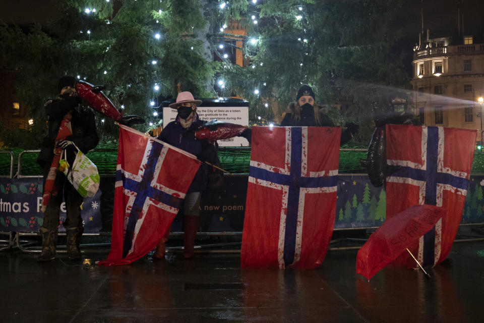 People protesting against Norway's whaling industry stand in front of the Christmas Tree in Trafalgar Square, London. The tree is an annual gift to Britain from Norway given as a symbol of friendship and co-operation between the two countries. (Photo by Aaron Chown/PA Images via Getty Images)