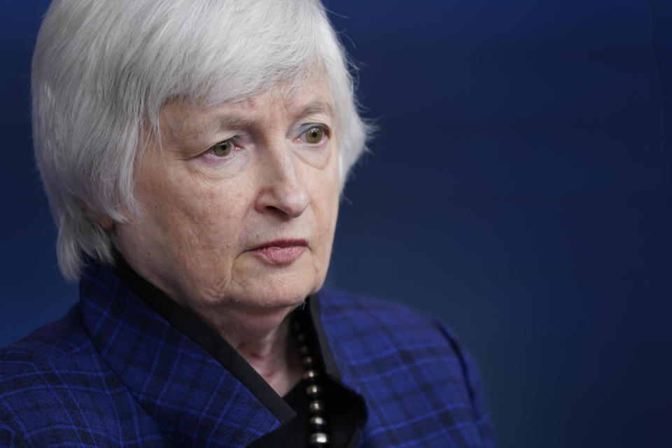 FILE - In this May 7, 2021, file photo Treasury Secretary Janet Yellen speaks during a press briefing at the White House in Washington. (AP Photo/Patrick Semansky, File)