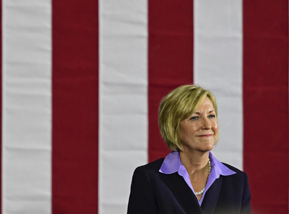 Democratic gubernatorial candidate Richard Cordray's running mate Betty Sutton speaks at a campaign rally, Thursday, Sept. 13, 2018, in Cleveland. Former President Barack Obama was in closely divided Ohio to campaign for Democratic gubernatorial candidate Richard Cordray, running mate Betty Sutton, U.S. Sen. Sherrod Brown and the party’s statewide slate. (AP Photo/David Dermer)