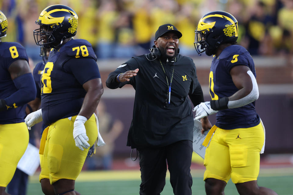 ANN ARBOR, MICHIGAN – AUGUST 31: Head coach Sherrone Moore of the Michigan Wolverines reacts to a sack on third down during the game against the Fresno State Bulldogs at Michigan Stadium on August 31, 2024 in Ann Arbor, Michigan. (Photo by Gregory Shamus/Getty Images)