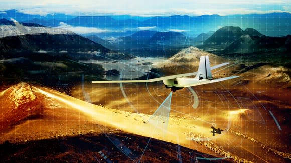 Depiction of unmanned aerial vehicle scanning landscape and navigating.