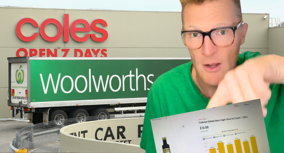 Coles and Woolworths signs with Joel Gibson talking to the camera