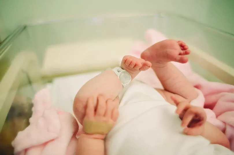 View of baby's feet with a hospital security tag on.