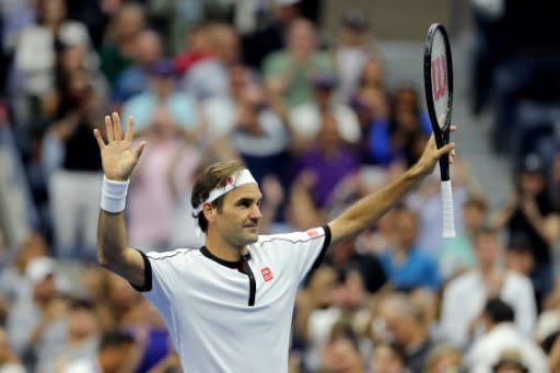 Swiss star Roger Federer celebrates his second-round victory Wednesday at the US Open