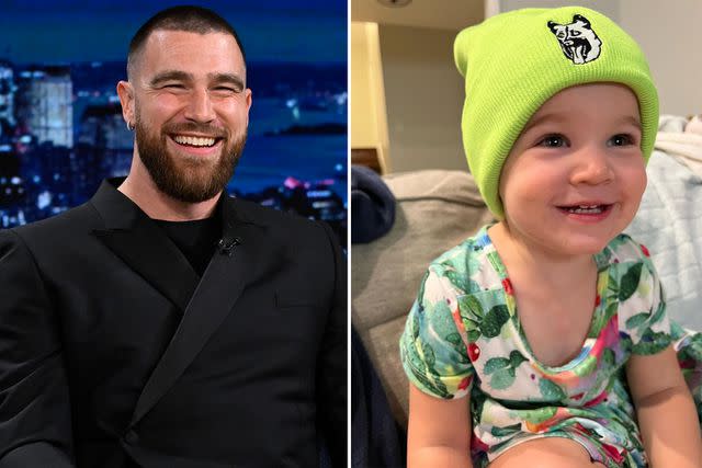 Todd Owyoung/NBC via Getty, Kylie Kelce/instagram Travis Kelce (L), Elliotte Kelce (R)