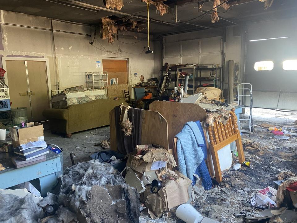 A look at the damage caused to a section of the donation center at the Habitat for Humanity ReStore by the fire