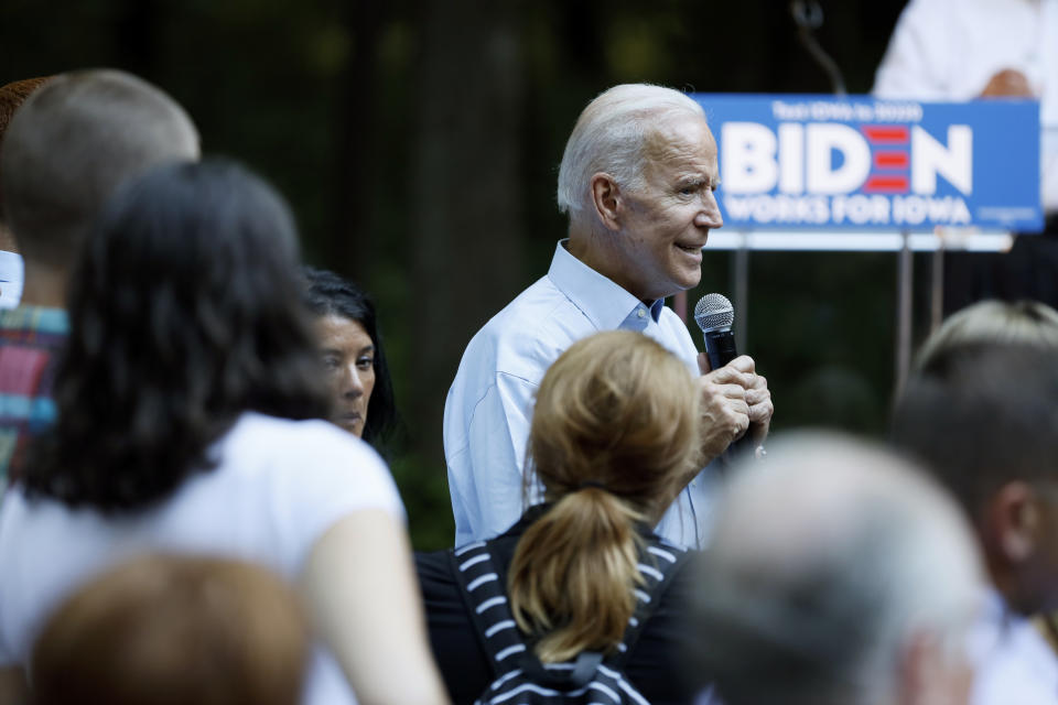 Former Vice President and Democratic presidential candidate Joe Biden speaks during a house party at former Agriculture Secretary Tom Vilsack's house, Monday, July 15, 2019, in Waukee, Iowa. (AP Photo/Charlie Neibergall)